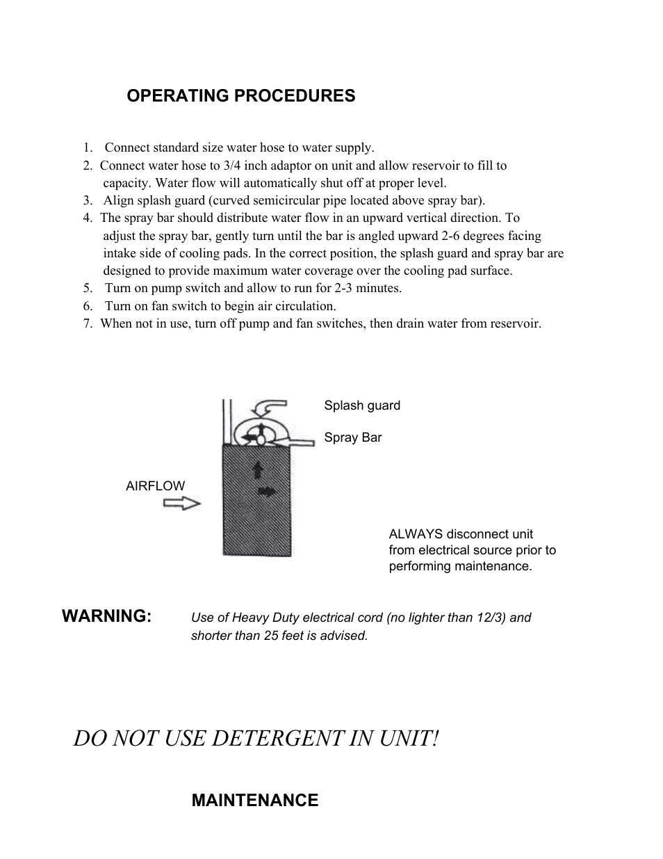 Do not use detergent in unit, Operating procedures, Warning | Maintenance | Triangle Engineering of Arkansas AQ3613 User Manual | Page 4 / 7