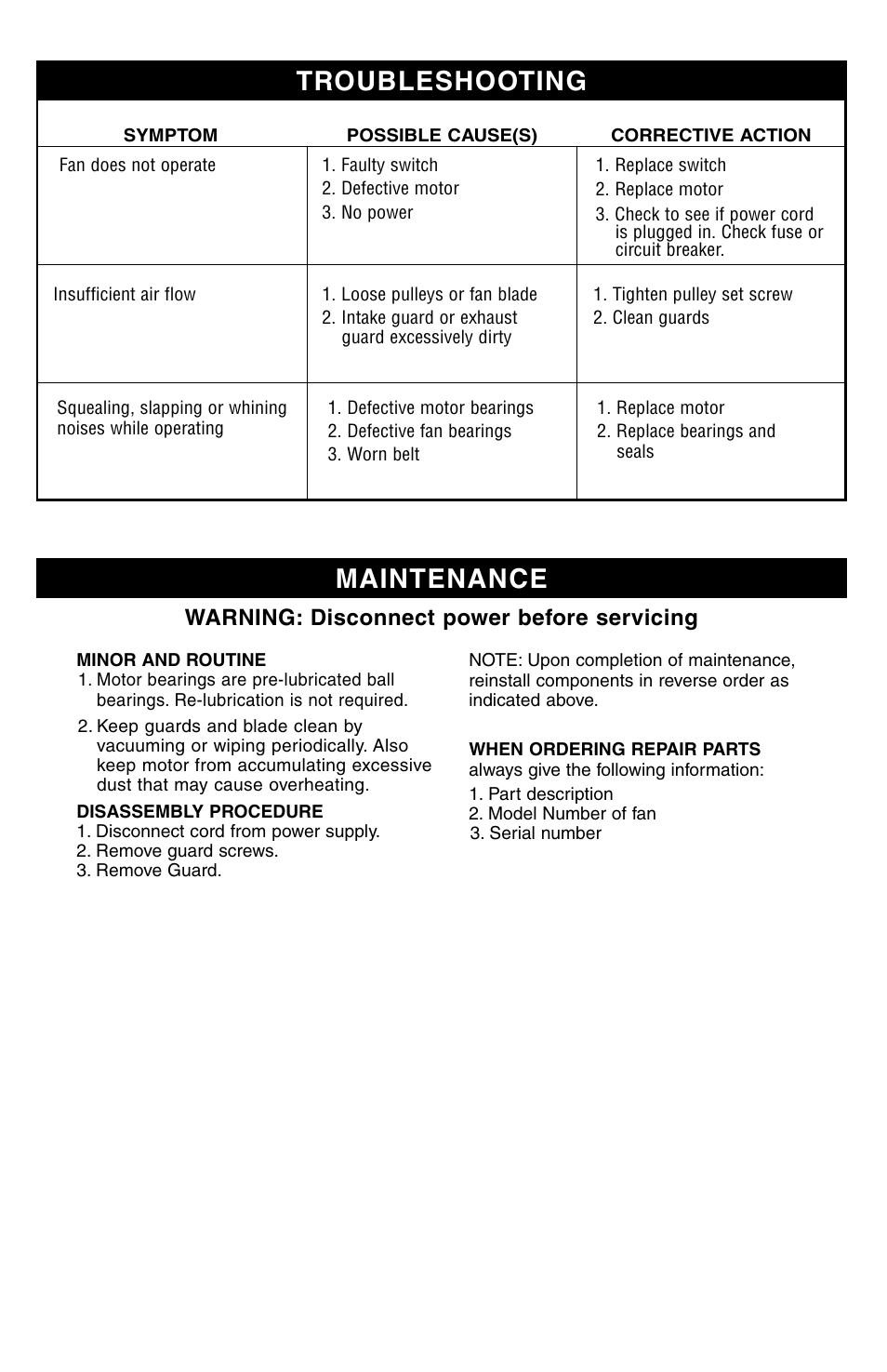 Maintenance troubleshooting, Warning: disconnect power before servicing | Triangle Engineering of Arkansas CMPC User Manual | Page 3 / 4
