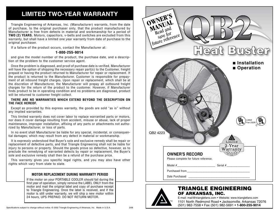 Triangle Engineering of Arkansas QB2 4223 User Manual | 4 pages
