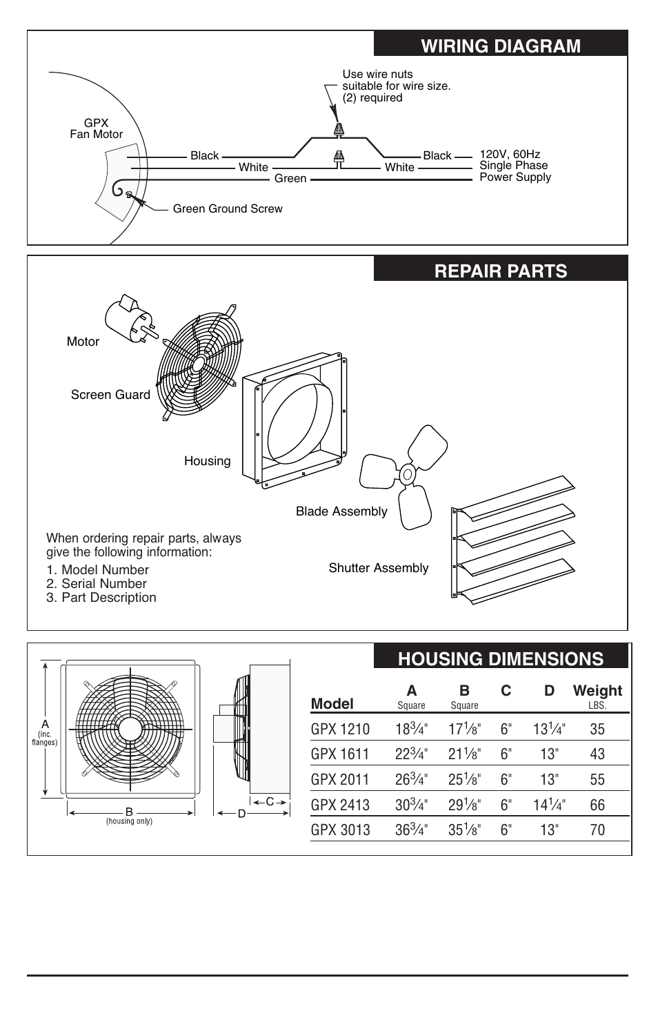 Repair parts, Wiring diagram, Housing dimensions | Triangle Engineering of Arkansas GPX 3013 User Manual | Page 3 / 4