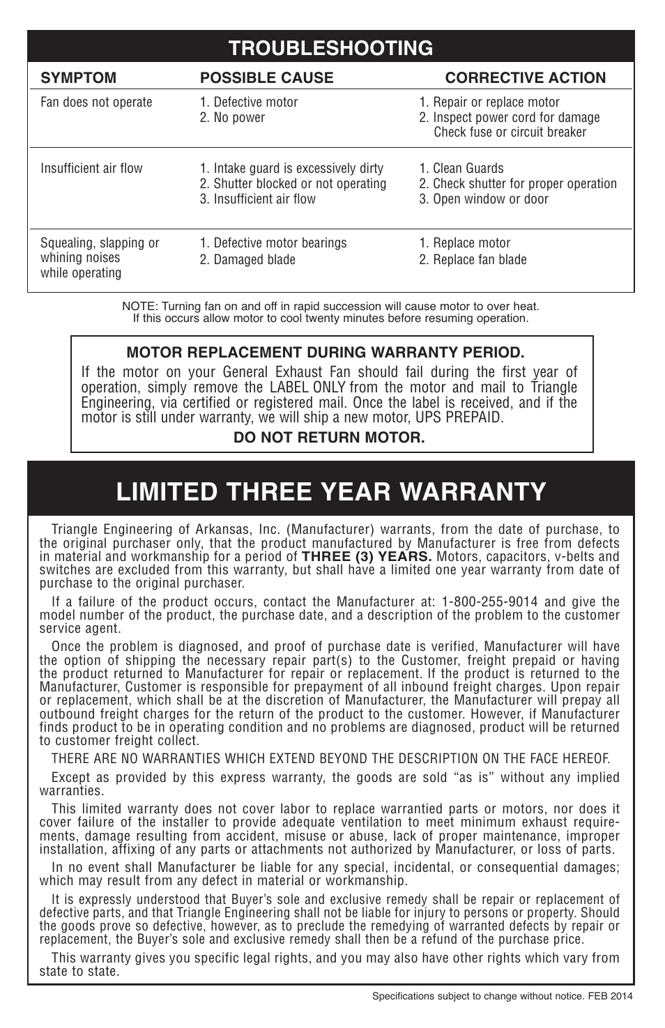 Limited three year warranty, Troubleshooting | Triangle Engineering of Arkansas GPX 3013 User Manual | Page 4 / 4