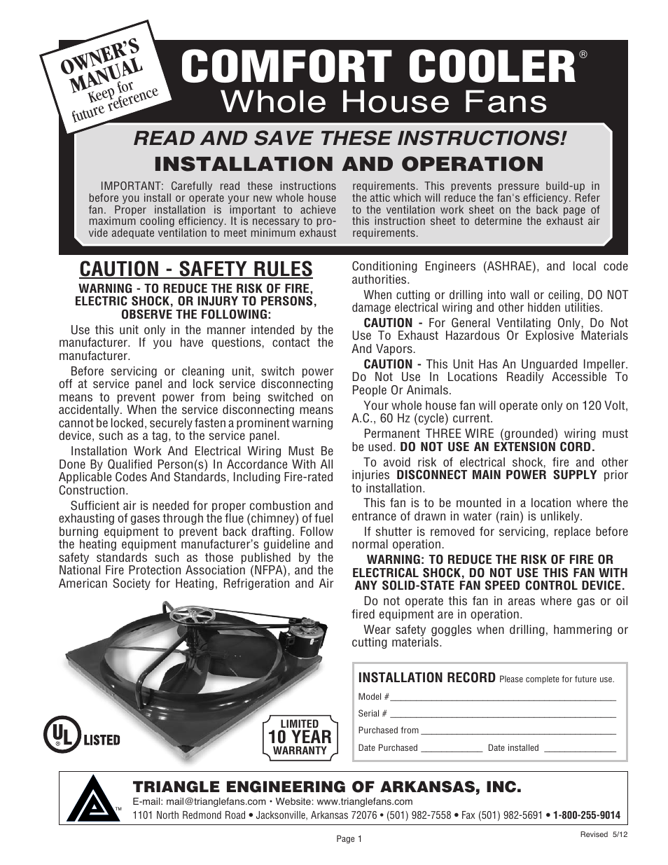 Triangle Engineering of Arkansas COMFORT COOLER User Manual | 8 pages