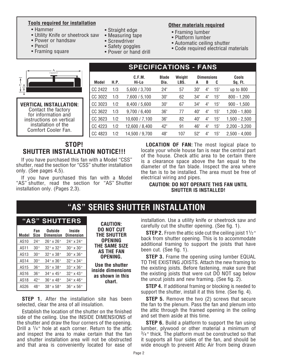 As” series shutter installation, As” shutters | Triangle Engineering of Arkansas COMFORT COOLER User Manual | Page 2 / 8
