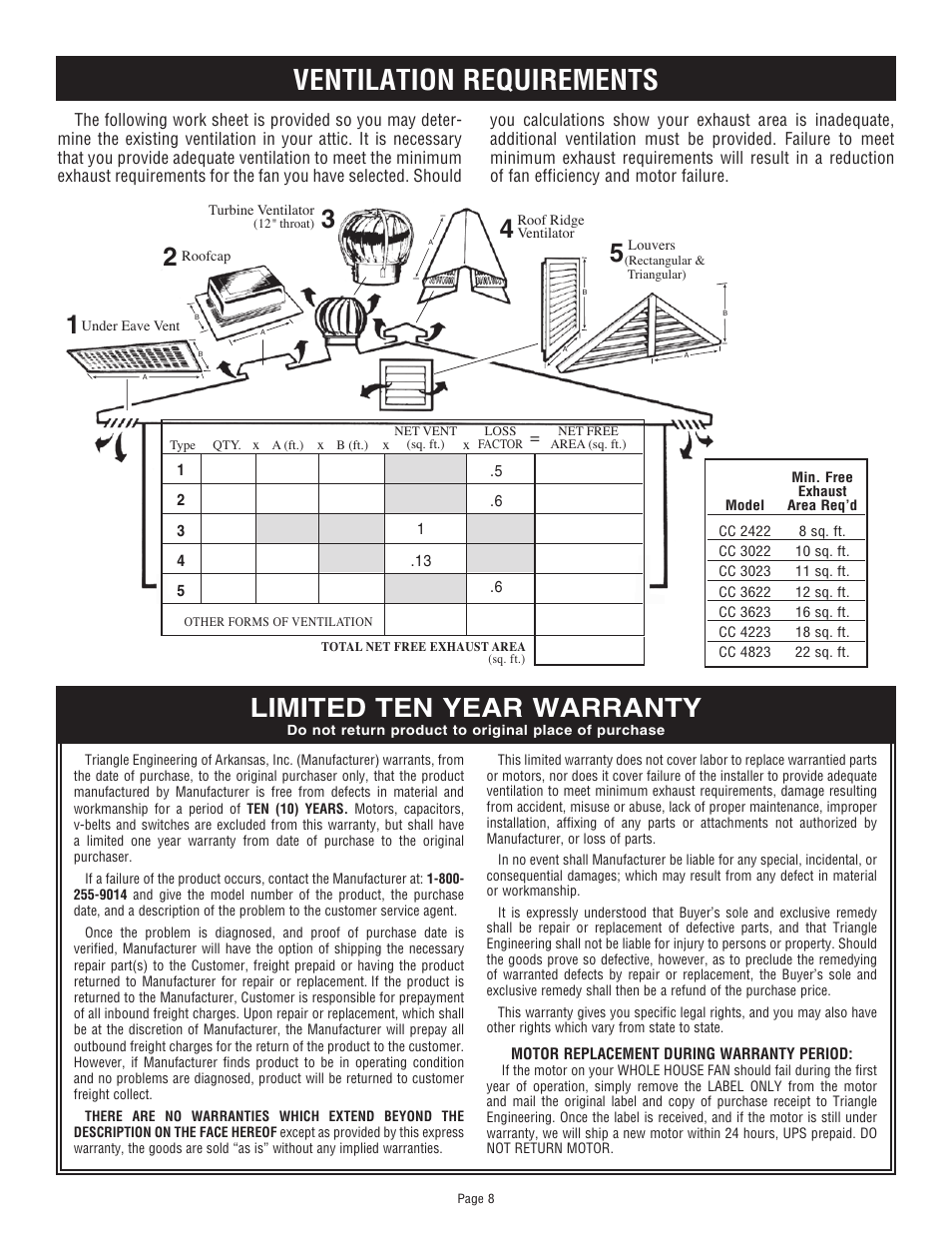 Ventilation requirements, Limited ten year warranty | Triangle Engineering of Arkansas COMFORT COOLER User Manual | Page 8 / 8