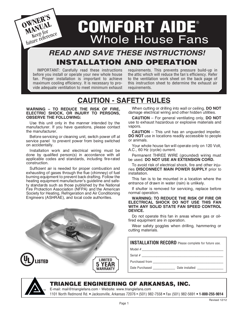 Triangle Engineering of Arkansas COMFORT AIDE User Manual | 4 pages