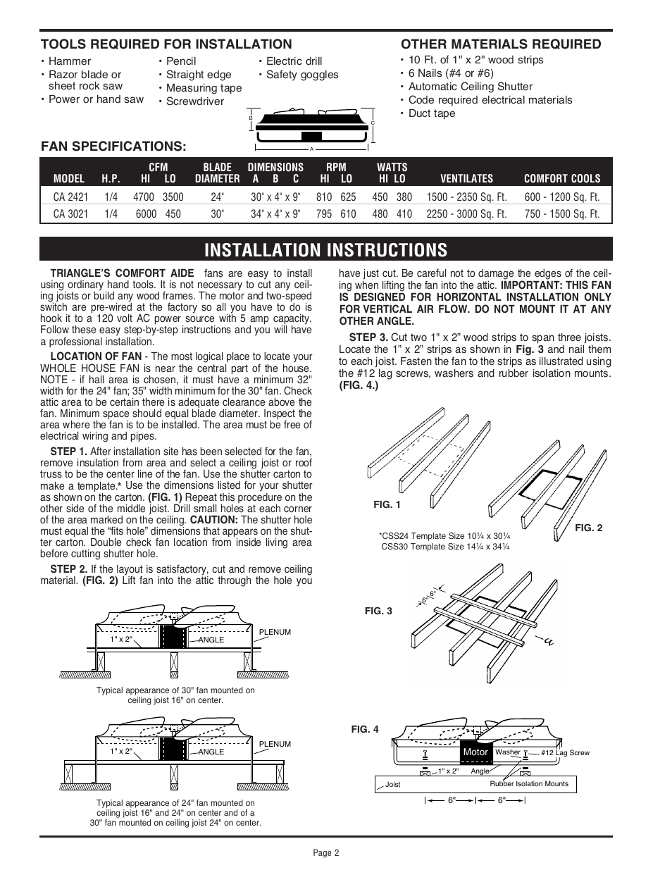 Installation instructions, Tools required for installation, Other materials required fan specifications | Triangle Engineering of Arkansas COMFORT AIDE User Manual | Page 2 / 4