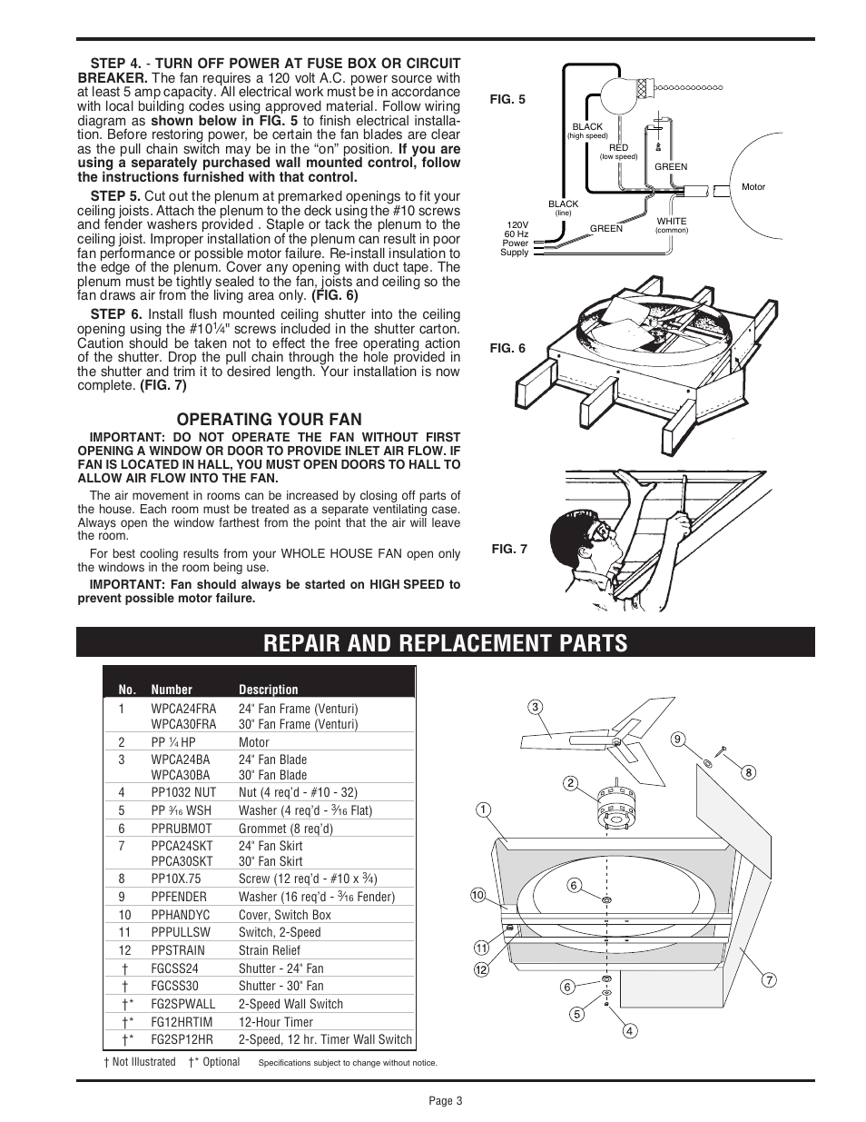 Repair and replacement parts, Operating your fan | Triangle Engineering of Arkansas COMFORT AIDE User Manual | Page 3 / 4