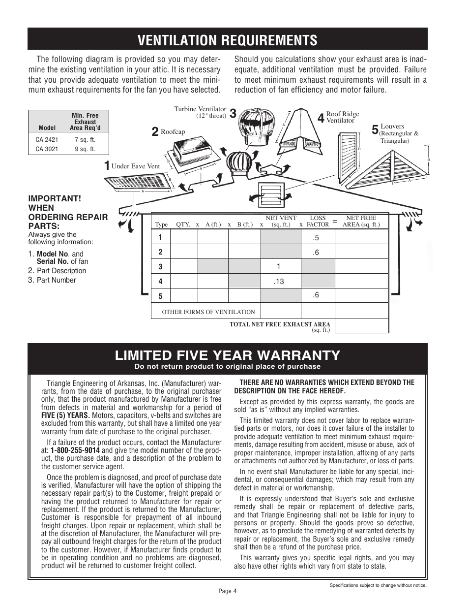 Ventilation requirements, Limited five year warranty | Triangle Engineering of Arkansas COMFORT AIDE User Manual | Page 4 / 4