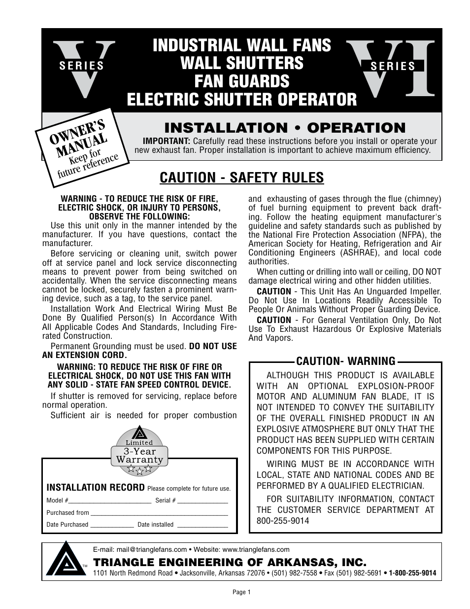 Triangle Engineering of Arkansas VID SERIES (Direct Drive) User Manual | 4 pages