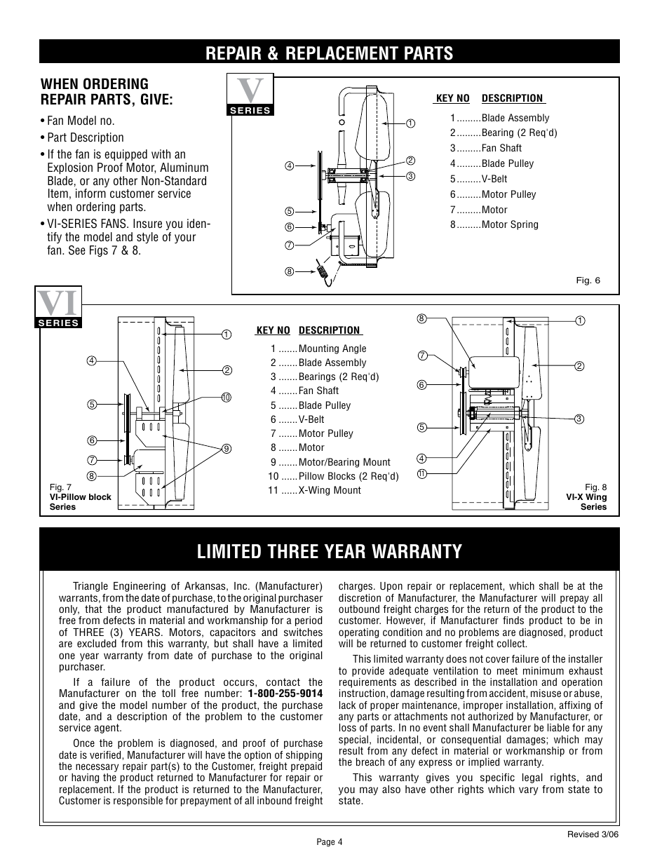 Limited three year warranty, Repair & replacement parts, When ordering repair parts, give | Triangle Engineering of Arkansas VID SERIES (Direct Drive) User Manual | Page 4 / 4