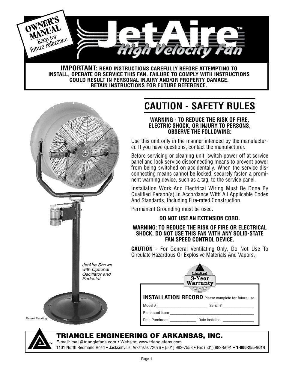 Triangle Engineering of Arkansas Golf Fans HV 24 and 30 User Manual | 4 pages