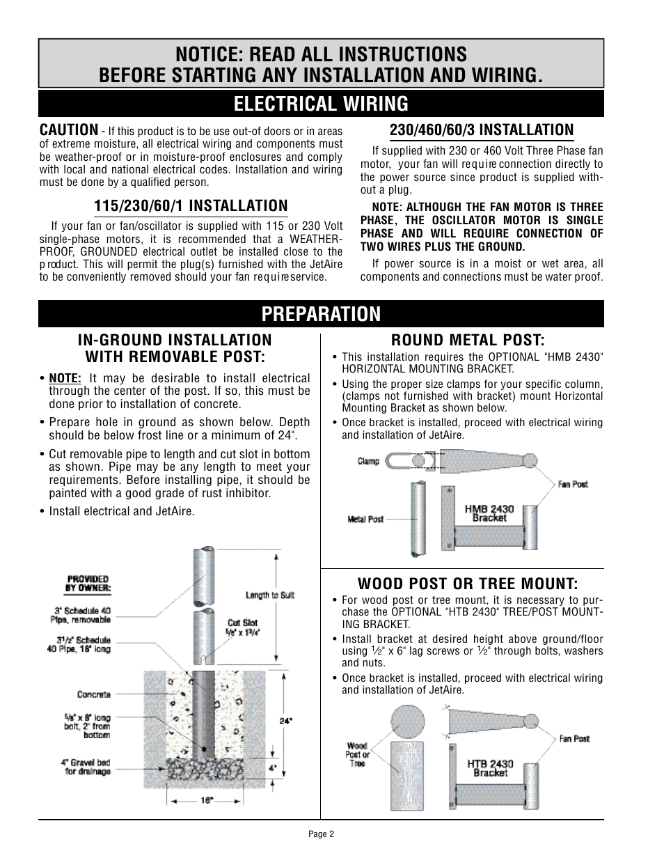 Preparation, Caution, In-ground insta l l ation with removable post | Round metal post, Wood post or tree mount | Triangle Engineering of Arkansas Golf Fans HV 24 and 30 User Manual | Page 2 / 4