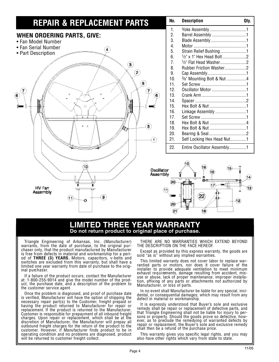 Repair & replacement parts, Limited three year warranty, When ordering parts, give | Triangle Engineering of Arkansas Golf Fans HV 24 and 30 User Manual | Page 4 / 4
