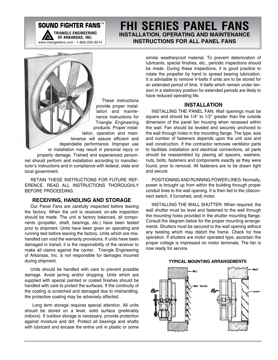 Triangle Engineering of Arkansas FHI SERIES PANEL FANS User Manual | 4 pages