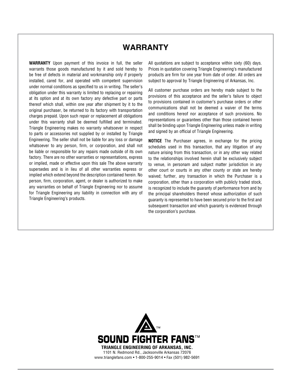 Warranty | Triangle Engineering of Arkansas FHI SERIES PANEL FANS User Manual | Page 4 / 4
