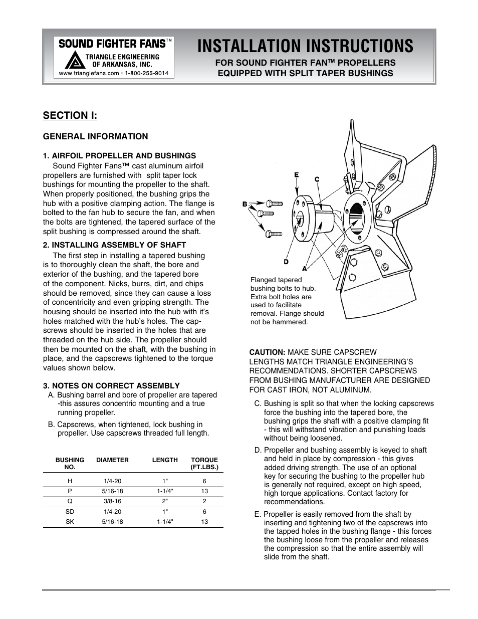 Triangle Engineering of Arkansas FHI SERIES PANEL FANS Propeller Installation User Manual | 2 pages