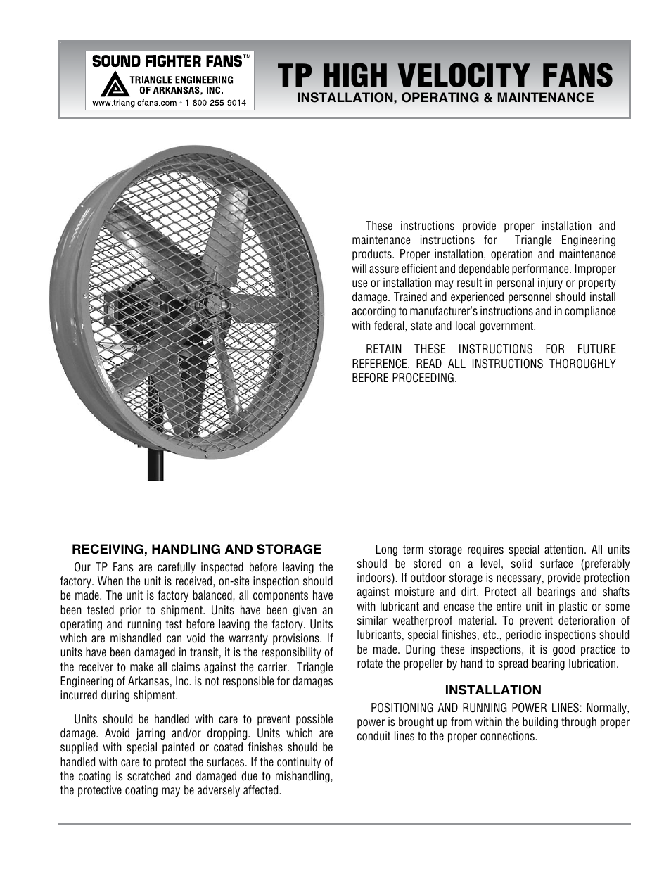 Triangle Engineering of Arkansas TP HIGH VELOCITY FANS User Manual | 4 pages