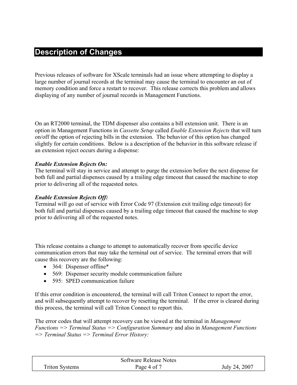 Description of changes, Tdm extension changes, Enable extension rejects on | Enable extension rejects off, Auto error recovery, Iewing large number of journal records at terminal, Extension changes, Uto error recovery | Triton X-SCALE/X2 Configuration Manual User Manual | Page 211 / 419