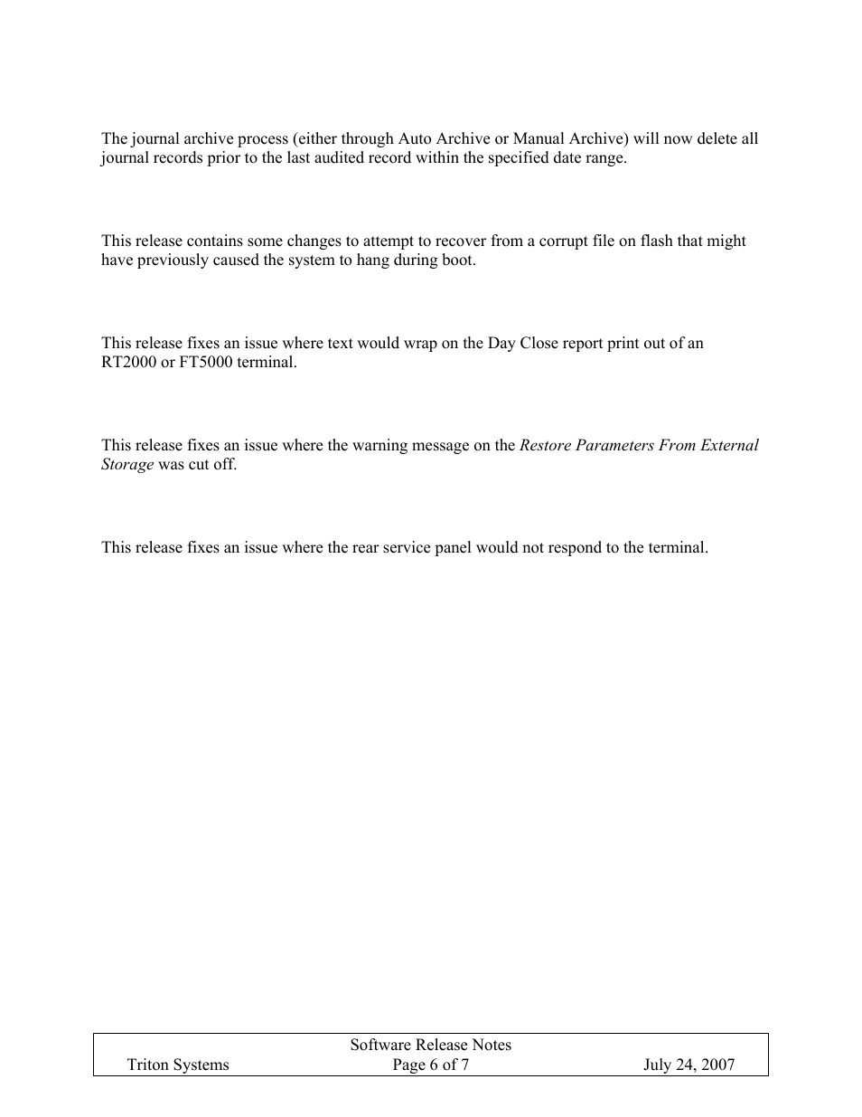 Journal archive changes, Corrupt file recovery, Rear service panel day close changes | Rear service panel communication changes, Ournal archive changes, Orrupt file recovery, Ear service panel, Lose changes, Estore, Arameters from | Triton X-SCALE/X2 Configuration Manual User Manual | Page 213 / 419