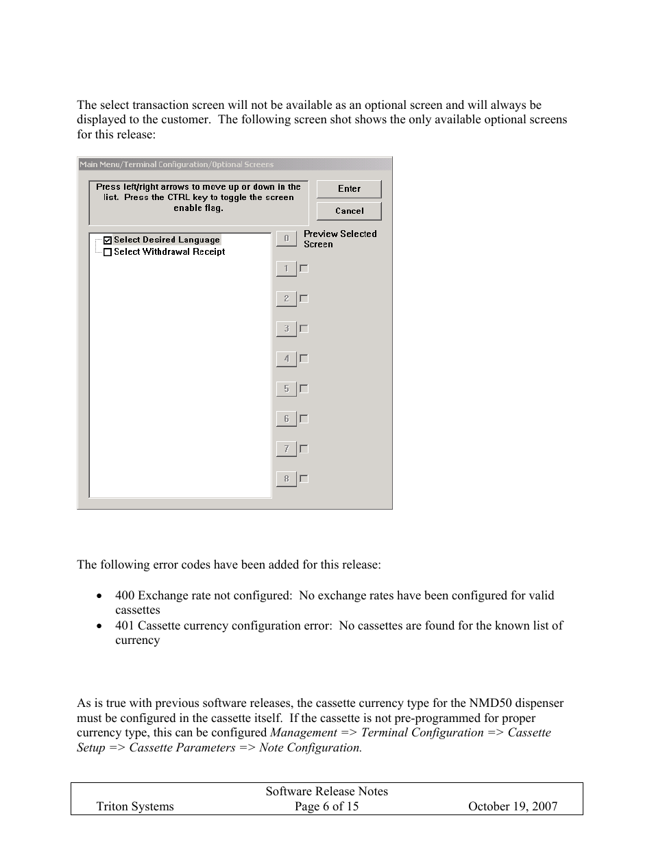 Cannot disable transaction selection screen, New terminal error codes, Cassette type set in note configuration | Annot, Isable, Ransaction, Election, Creen, Erminal, Rror | Triton X-SCALE/X2 Configuration Manual User Manual | Page 246 / 419