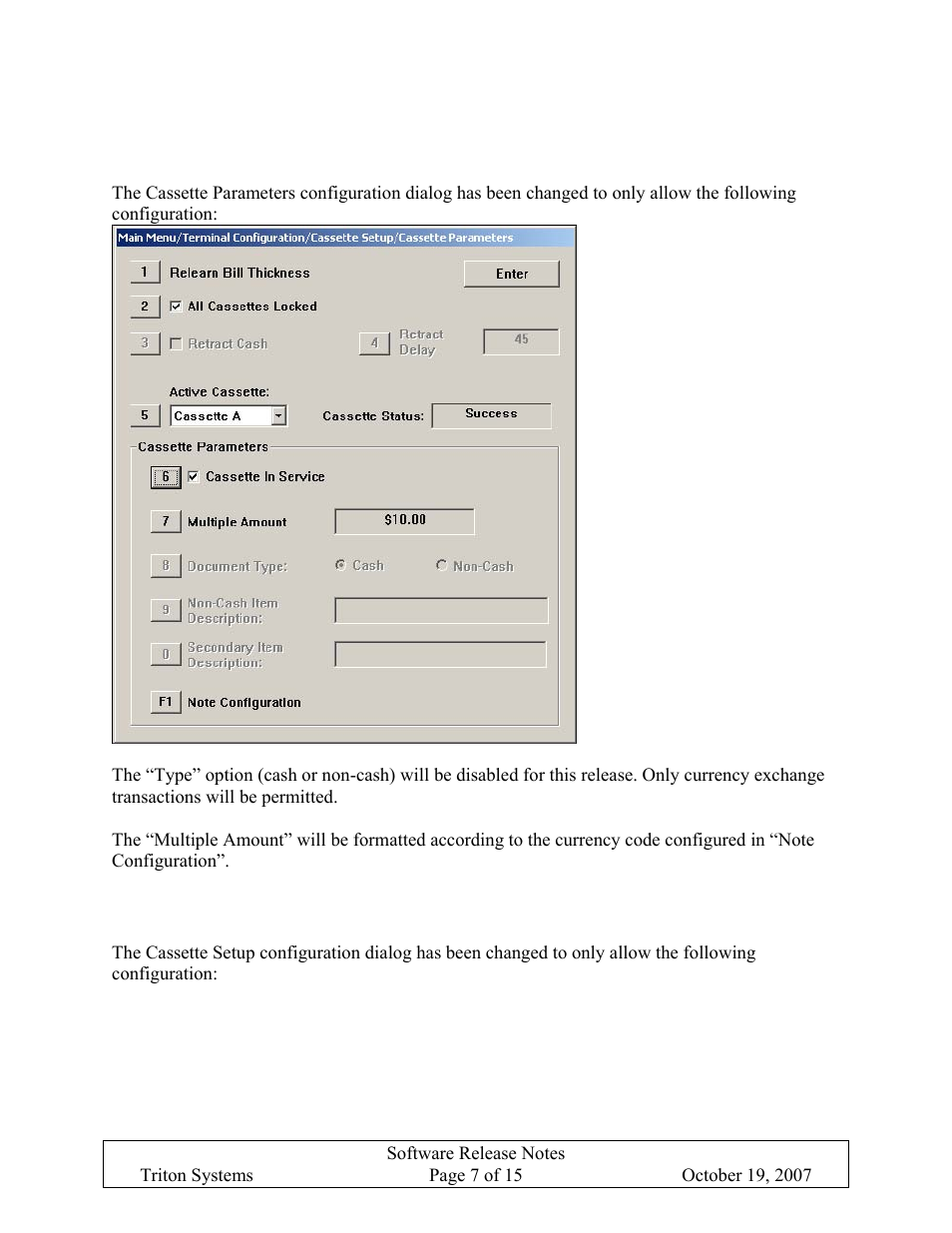 Cassette parameters changes, Cassette setup changes, Assette | Arameters, Hanges, Etup | Triton X-SCALE/X2 Configuration Manual User Manual | Page 247 / 419