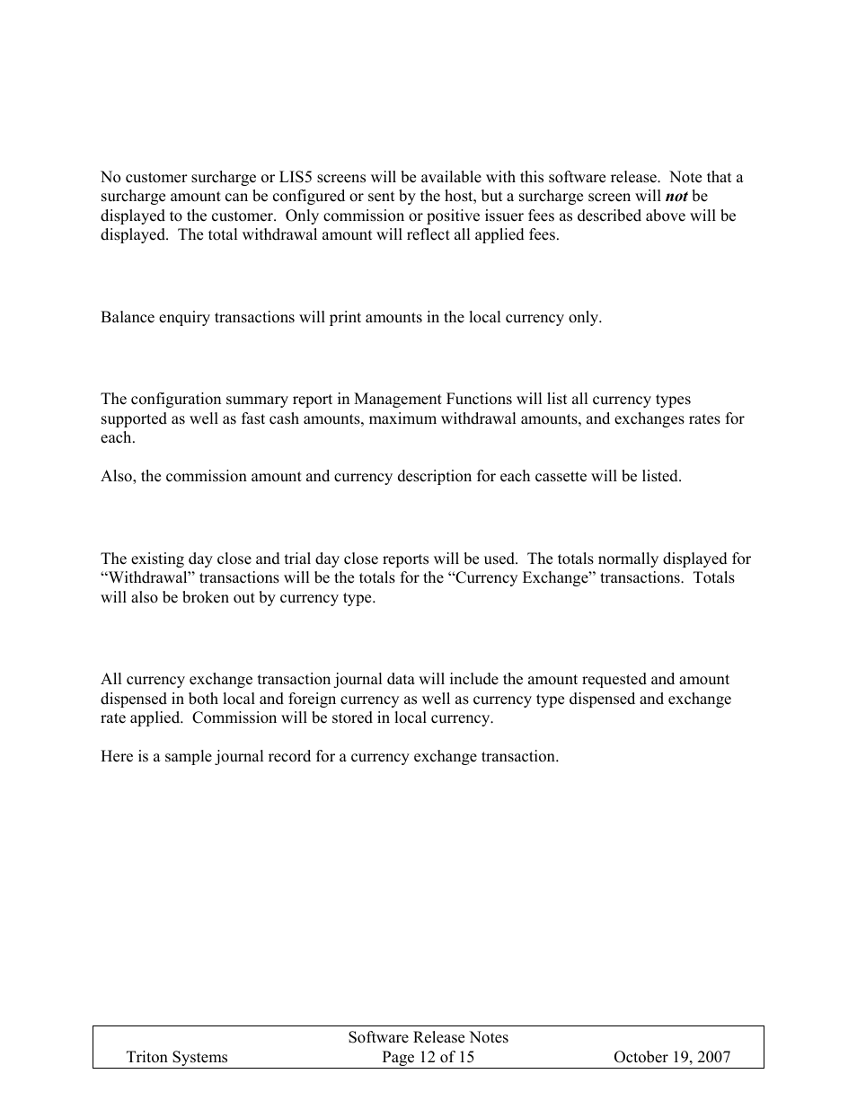 No customer surcharge screens, Balance enquiry amounts, Configuration summary changes | Day close totals, Journal data, Ustomer, Urcharge, Creens, Alance, Nquiry | Triton X-SCALE/X2 Configuration Manual User Manual | Page 252 / 419