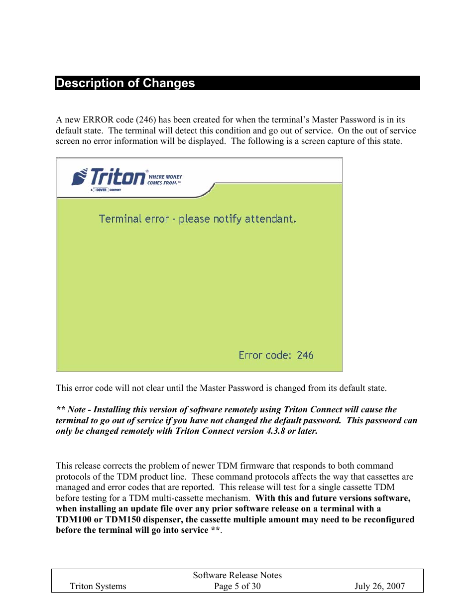 Description of changes, Changing default passwords, Hanging | Efault, Asswords, Tdm-1xx, Echanisms, Onfigurations are reporting as, Tdm-2xx | Triton X-SCALE/X2 Configuration Manual User Manual | Page 309 / 419