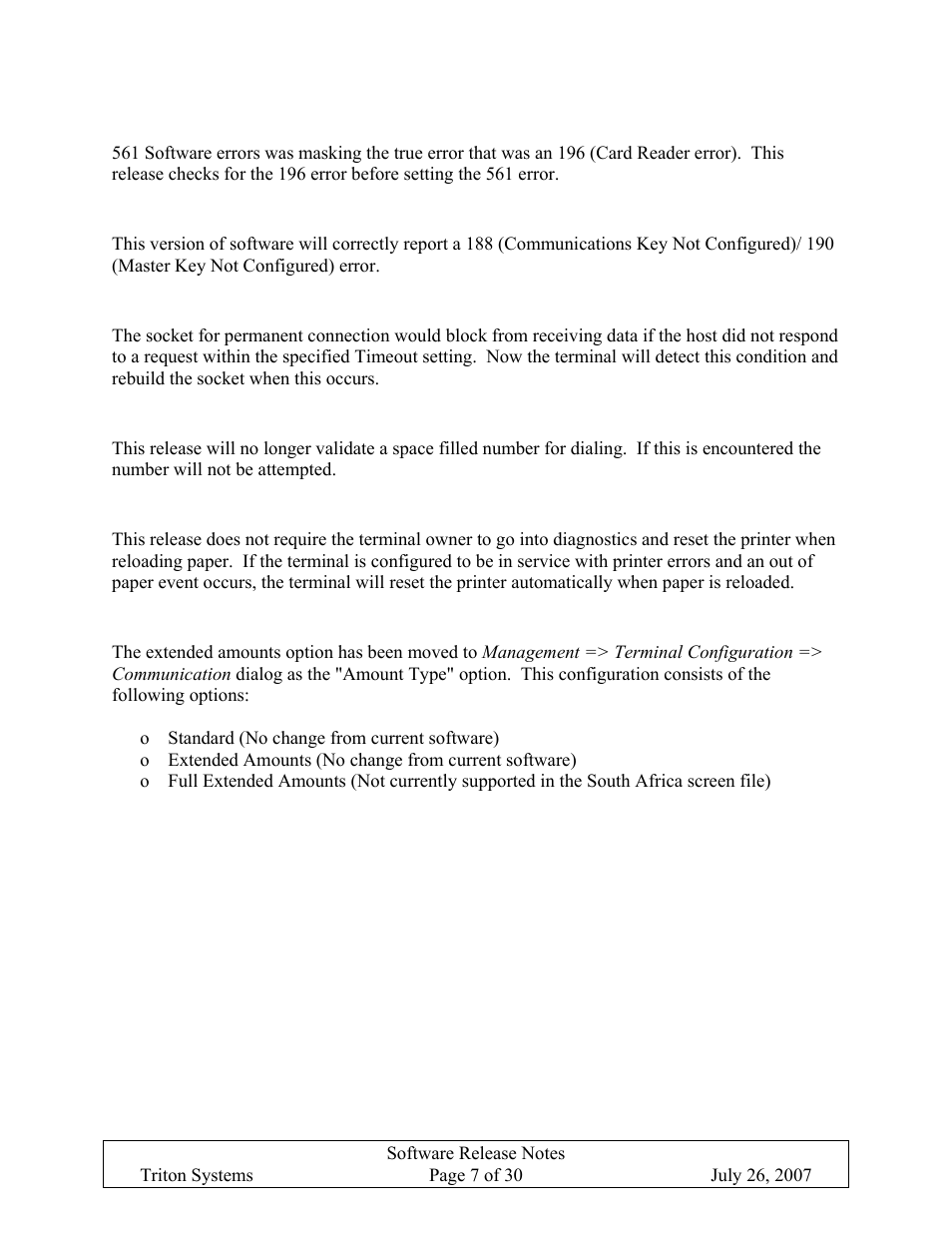 Corrected 188/190 error reporting, Permanent tcp connection, Space-filled phone numbers | Reloading paper, Extended amounts, Software error followed a, Card reader error, Orrected, Rror, Eporting | Triton X-SCALE/X2 Configuration Manual User Manual | Page 311 / 419
