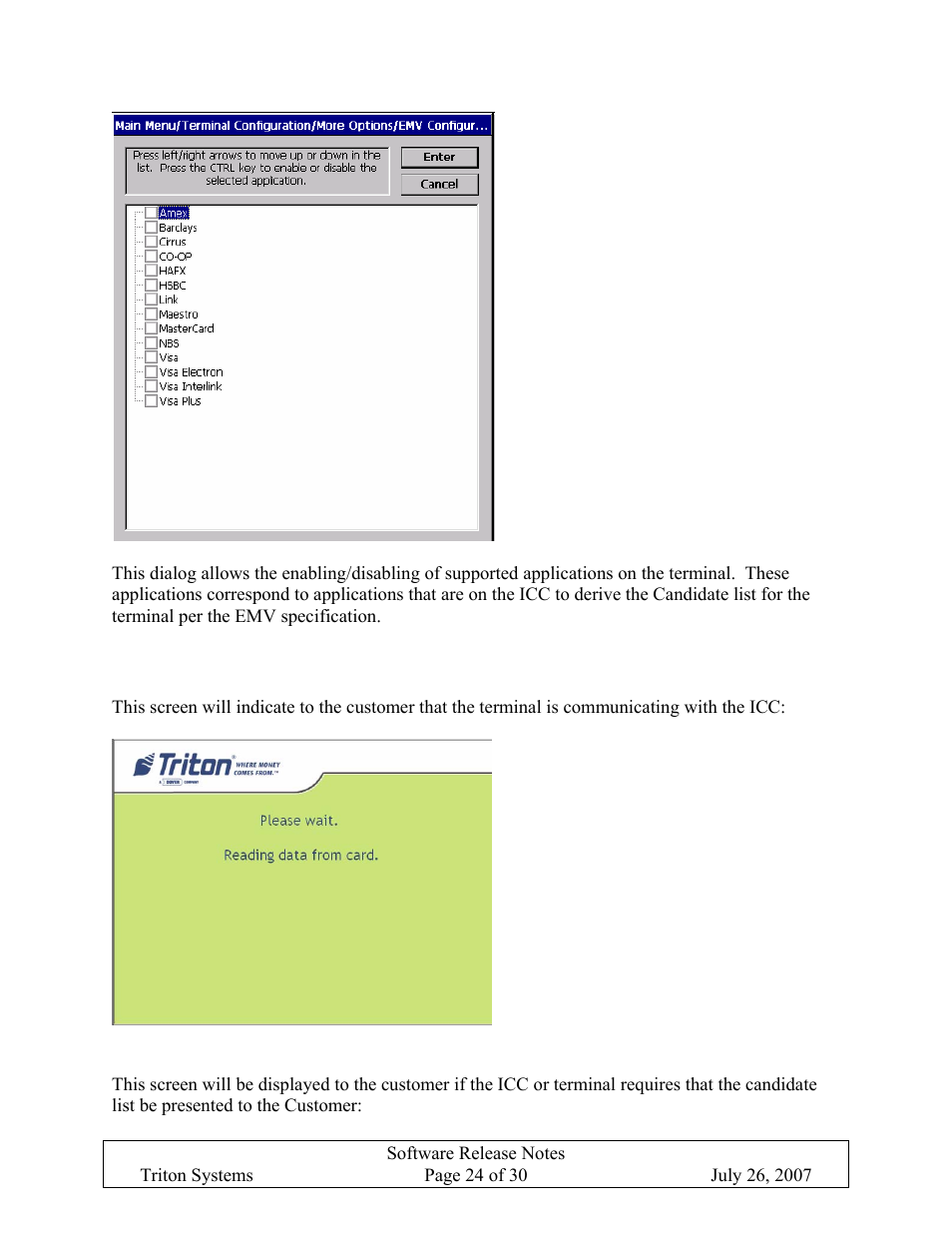 Card processing screen, Application selection, Rocessing | Creen, Pplication, Election | Triton X-SCALE/X2 Configuration Manual User Manual | Page 328 / 419