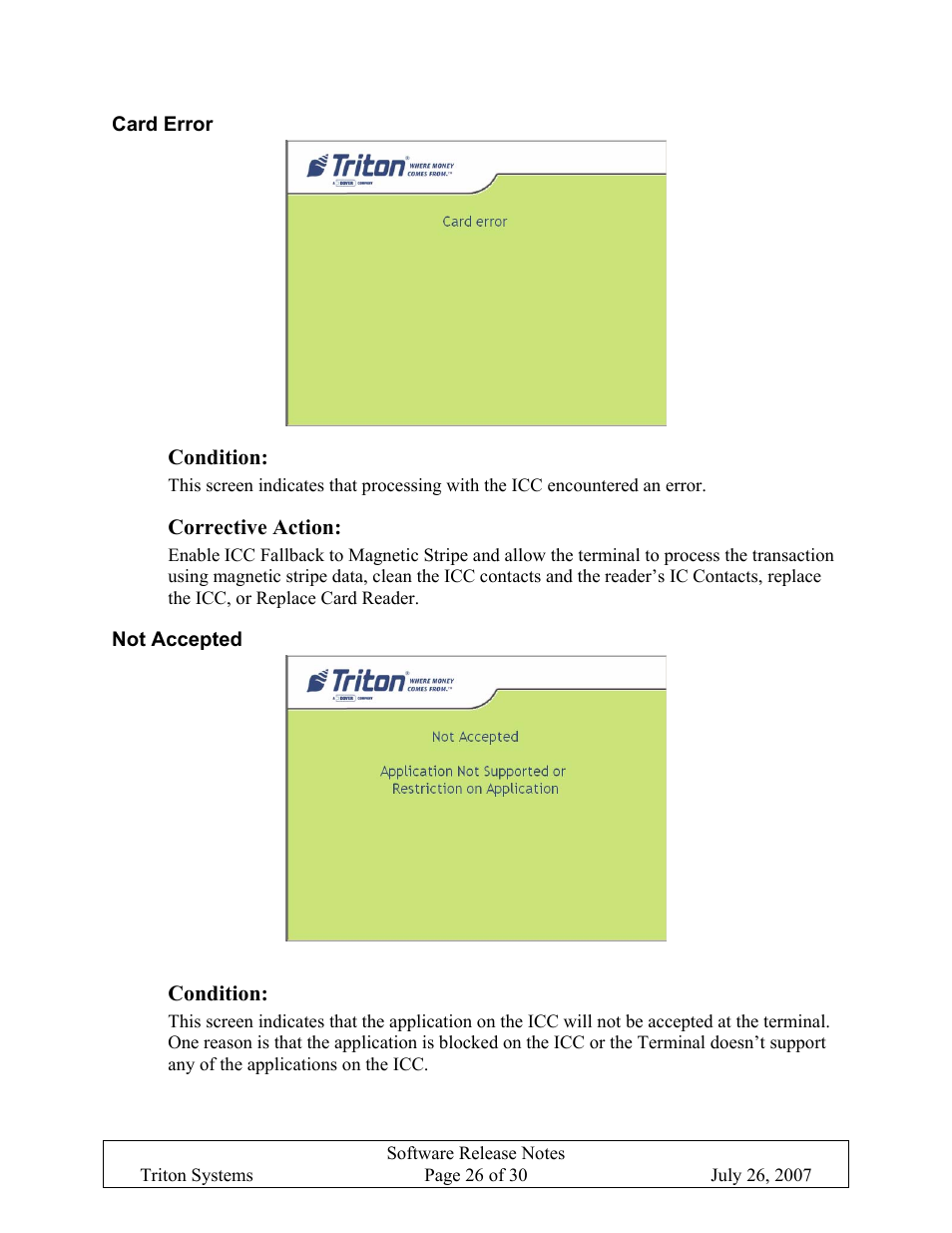 Card error, Condition, Corrective action | Not accepted | Triton X-SCALE/X2 Configuration Manual User Manual | Page 330 / 419
