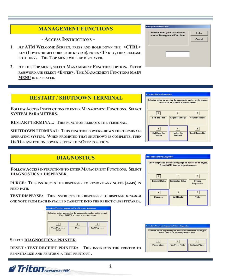 2management functions - a, Diagnostics, Restart / shutdown terminal | Triton ARGO Quick Reference Guide User Manual | Page 2 / 10
