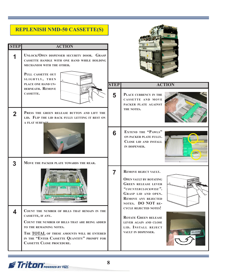 Replenish nmd-50 cassette(s), Step action | Triton ARGO Quick Reference Guide User Manual | Page 8 / 10
