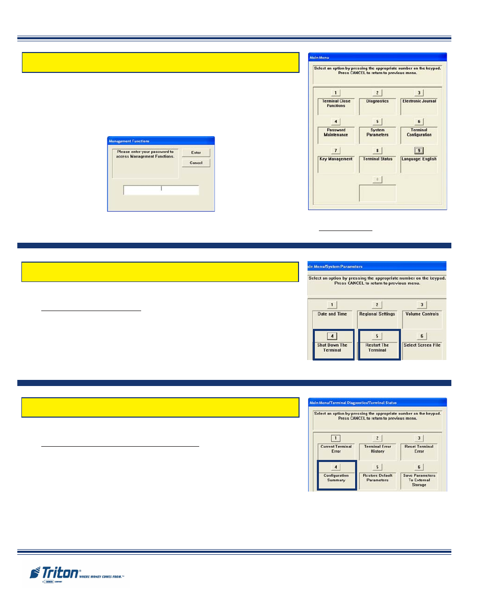 2management functions - a, Terminal configuration report, Restart / shutdown terminal | Triton FT5000 X2 Quick Reference Guide User Manual | Page 2 / 10