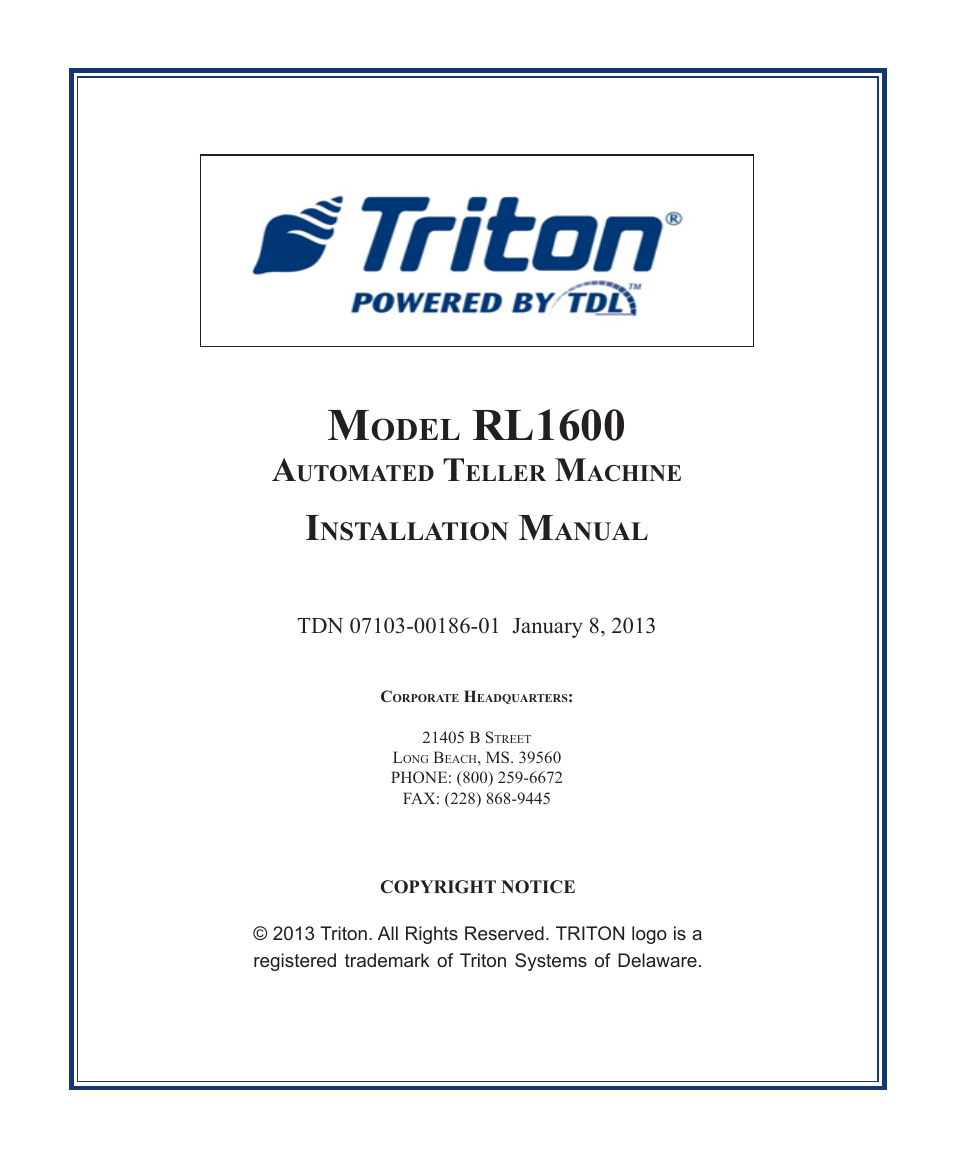 Triton RL1600 Installation Manual User Manual | 41 pages