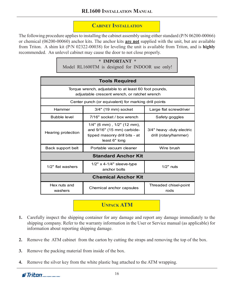 Rl1600 i | Triton RL1600 Installation Manual User Manual | Page 16 / 41