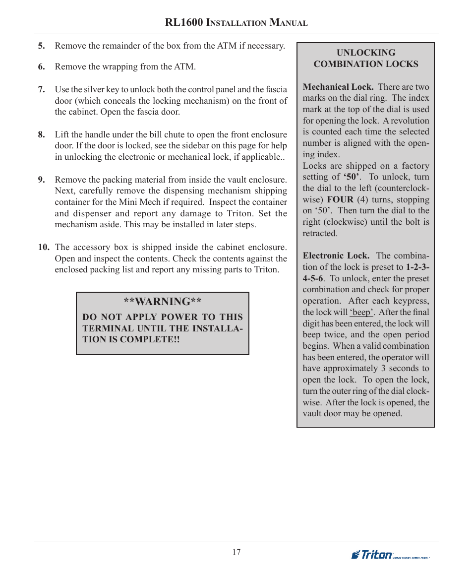 Rl1600 i, Warning | Triton RL1600 Installation Manual User Manual | Page 17 / 41