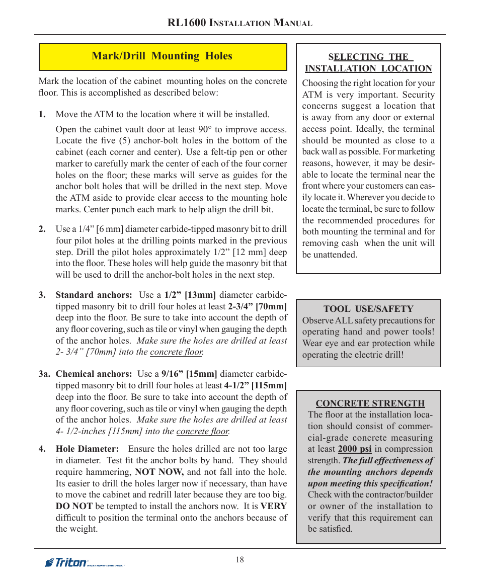 Rl1600 i, Mark/drill mounting holes | Triton RL1600 Installation Manual User Manual | Page 18 / 41