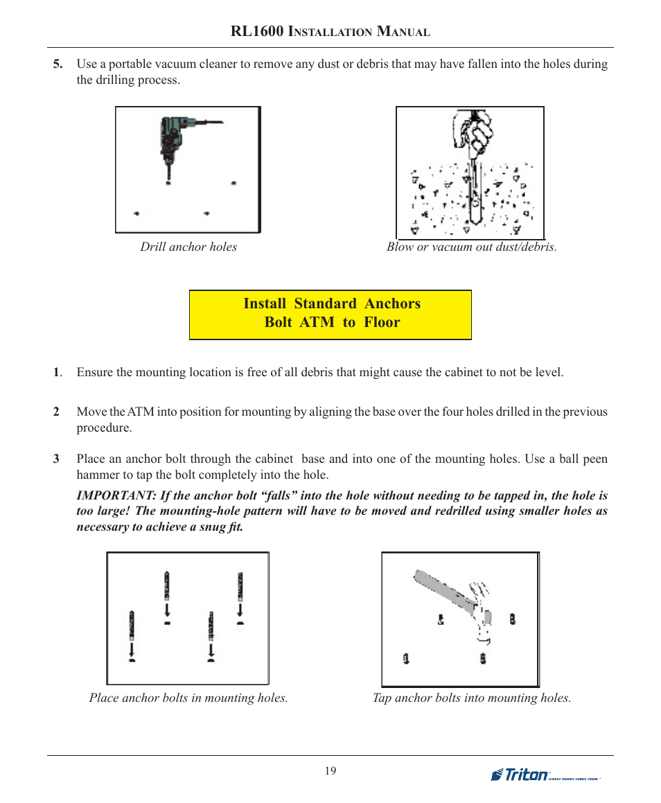 Rl1600 i, Install standard anchors bolt atm to floor | Triton RL1600 Installation Manual User Manual | Page 19 / 41