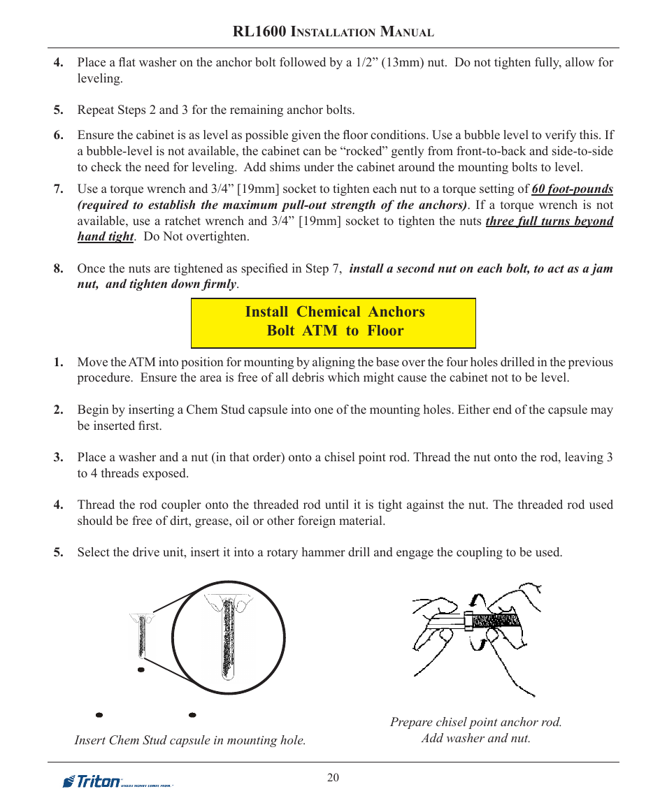 Rl1600 i, Install chemical anchors bolt atm to floor | Triton RL1600 Installation Manual User Manual | Page 20 / 41