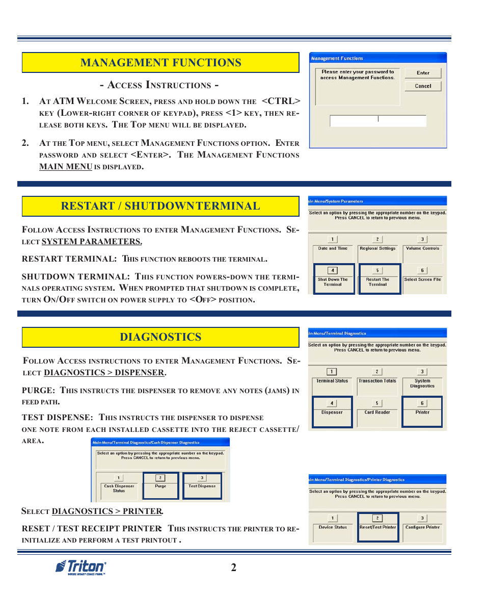 2management functions - a, Diagnostics, Restart / shutdown terminal | Triton RL2000 Quick Reference Guide User Manual | Page 2 / 10