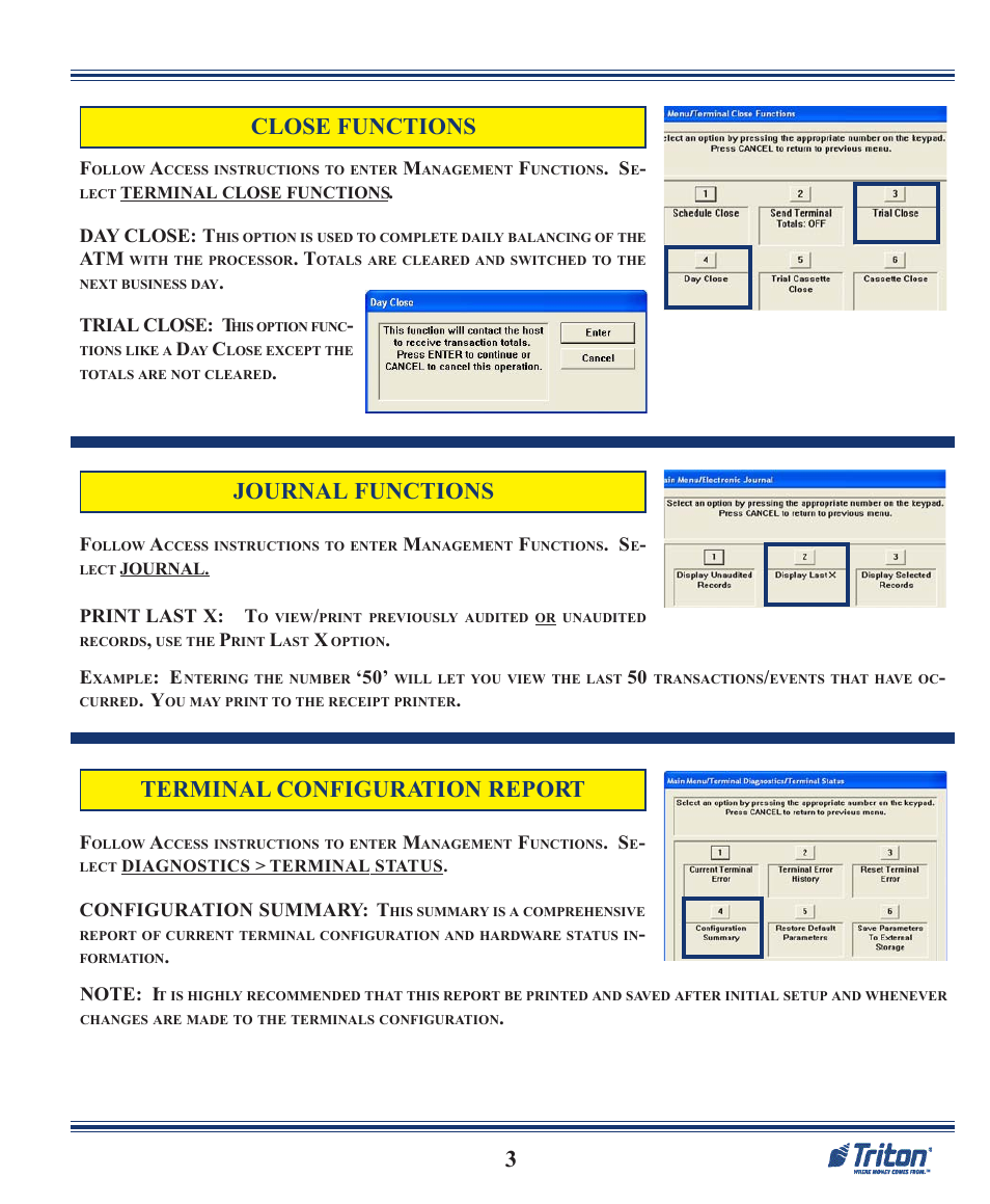 Close functions, Journal functions, Terminal configuration report | Triton RL2000 Quick Reference Guide User Manual | Page 3 / 10