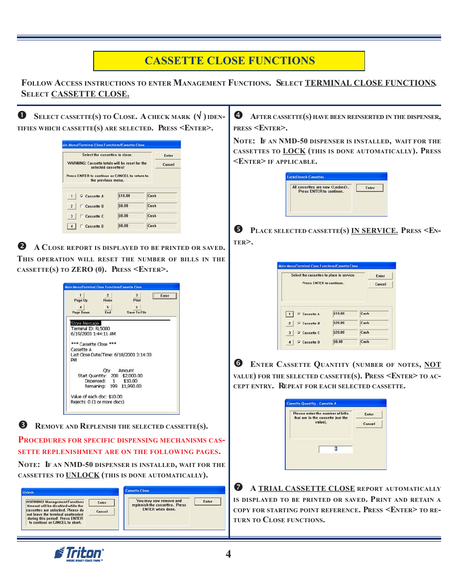 4cassette close functions | Triton RL2000 Quick Reference Guide User Manual | Page 4 / 10