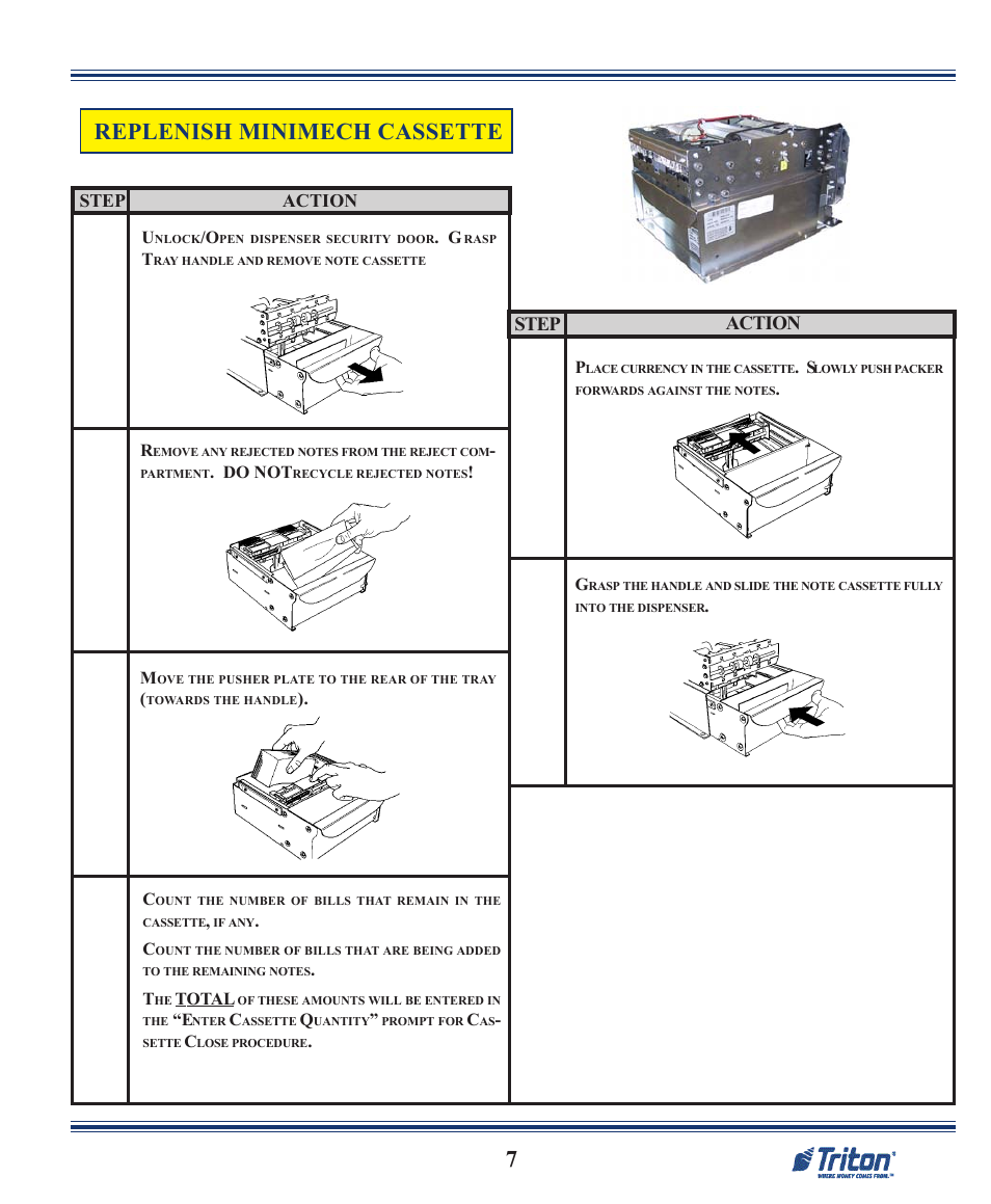 Replenish minimech cassette, Step action | Triton RL2000 Quick Reference Guide User Manual | Page 7 / 10