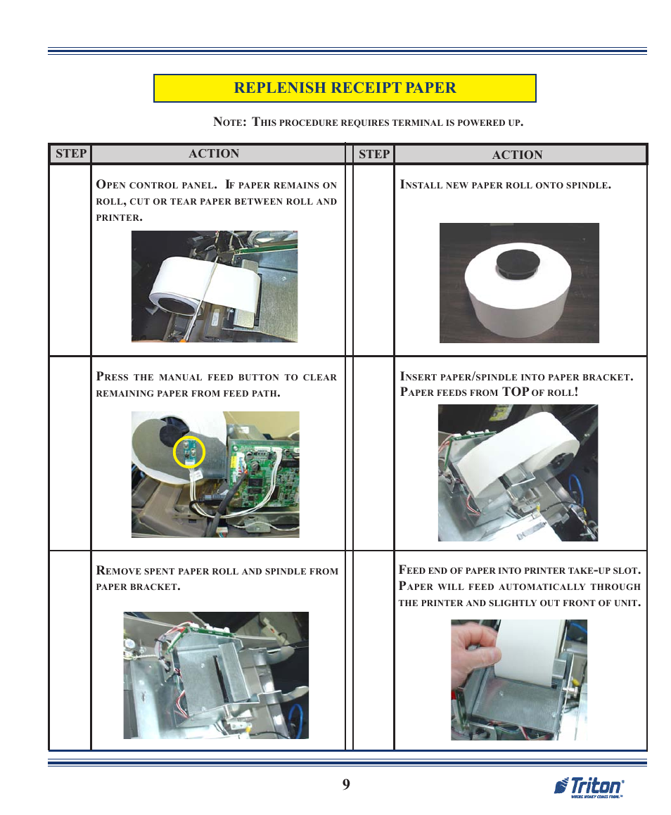 Replenish receipt paper | Triton RL2000 Quick Reference Guide User Manual | Page 9 / 10