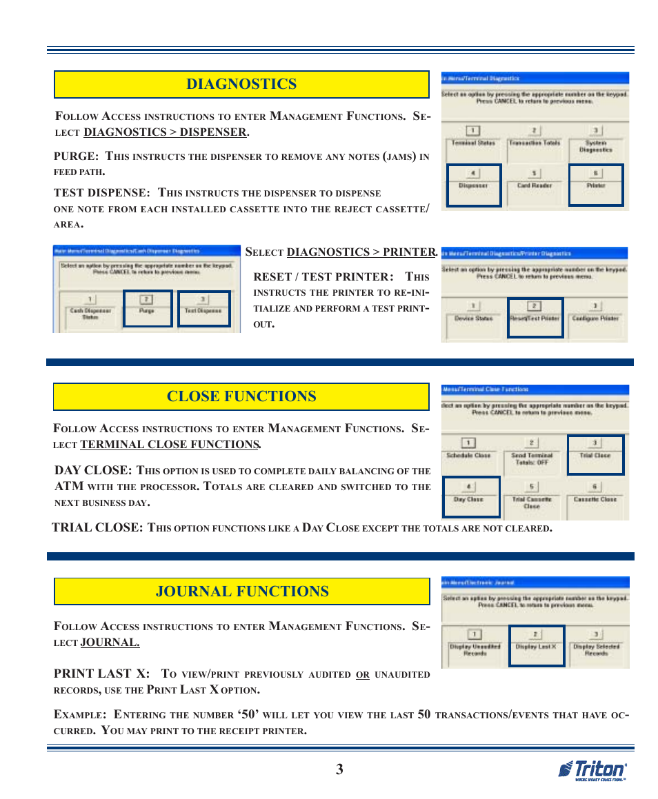 3diagnostics, Journal functions, Close functions | Triton RL5000 X2 Series Quick Reference Guide User Manual | Page 3 / 12