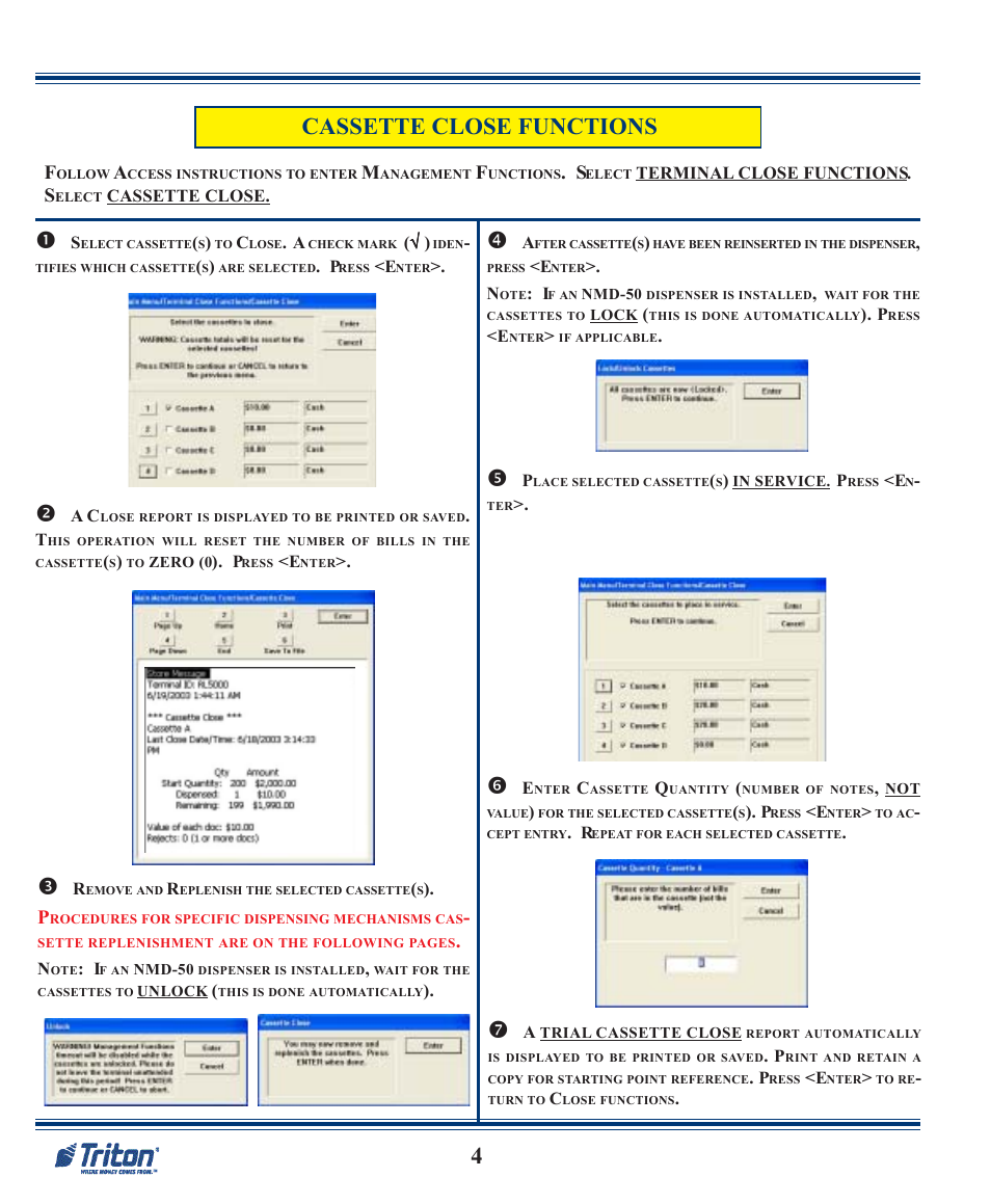 4cassette close functions | Triton RL5000 X2 Series Quick Reference Guide User Manual | Page 4 / 12