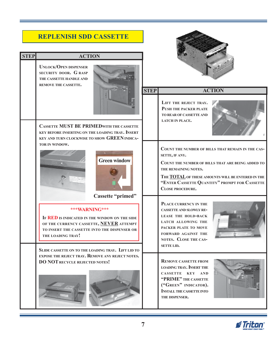 Replenish sdd cassette, Cassette “primed” green window step action | Triton RL5000 X2 Series Quick Reference Guide User Manual | Page 7 / 12