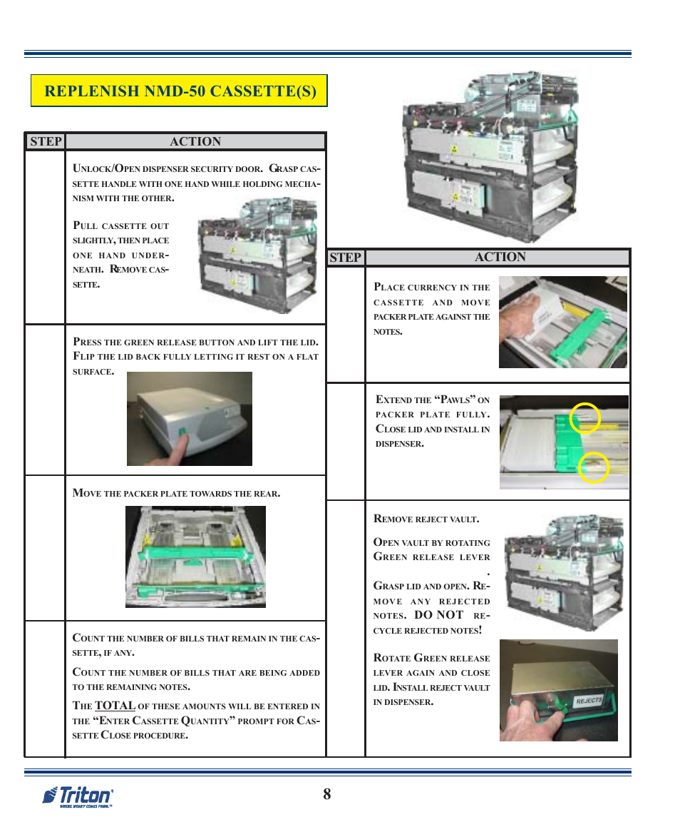 Replenish nmd-50 cassette(s), Step action | Triton RL5000 X2 Series Quick Reference Guide User Manual | Page 8 / 12