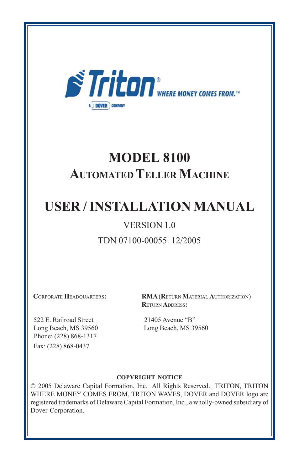 Triton 8100 User/Installation Manual User Manual | 150 pages