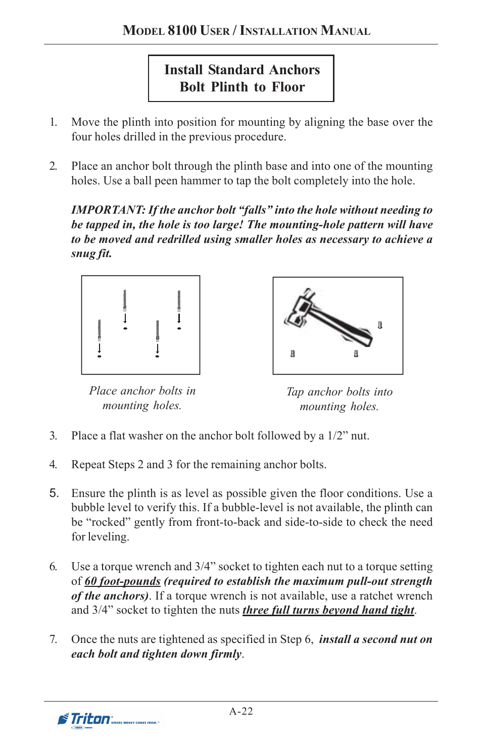 8100 u, Install standard anchors bolt plinth to floor | Triton 8100 User/Installation Manual User Manual | Page 134 / 150